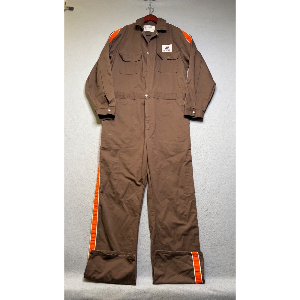United Airlines Coveralls Mens 42L Brown Vintage 70s Ground Crew Racing Stripe